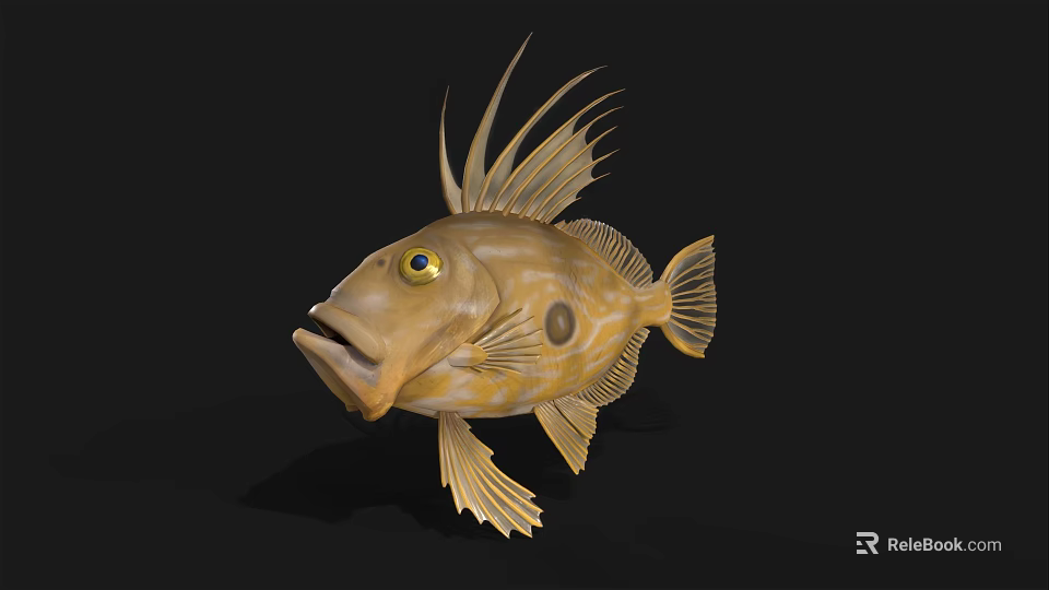 Brown Spotted Aquatic Fish with Long Dorsal Fins Yellow Eyes Open Mouth Against Black Background 3d model 
