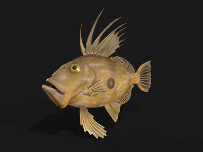 Brown Spotted Aquatic Fish with Long Dorsal Fins Yellow Eyes Open Mouth Against Black Background 3d model