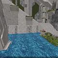 Modern Stone Architectural Scene With Blue Pool Gray Walls Staircase And Green Plant Planters