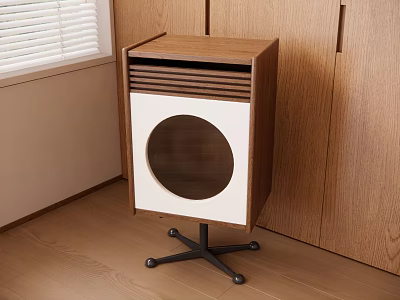 Modern Wooden Side Table With Circular White Panel And Black Metal Wheel Base 3d model