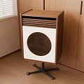 Modern Wooden Side Table With Circular White Panel And Black Metal Wheel Base