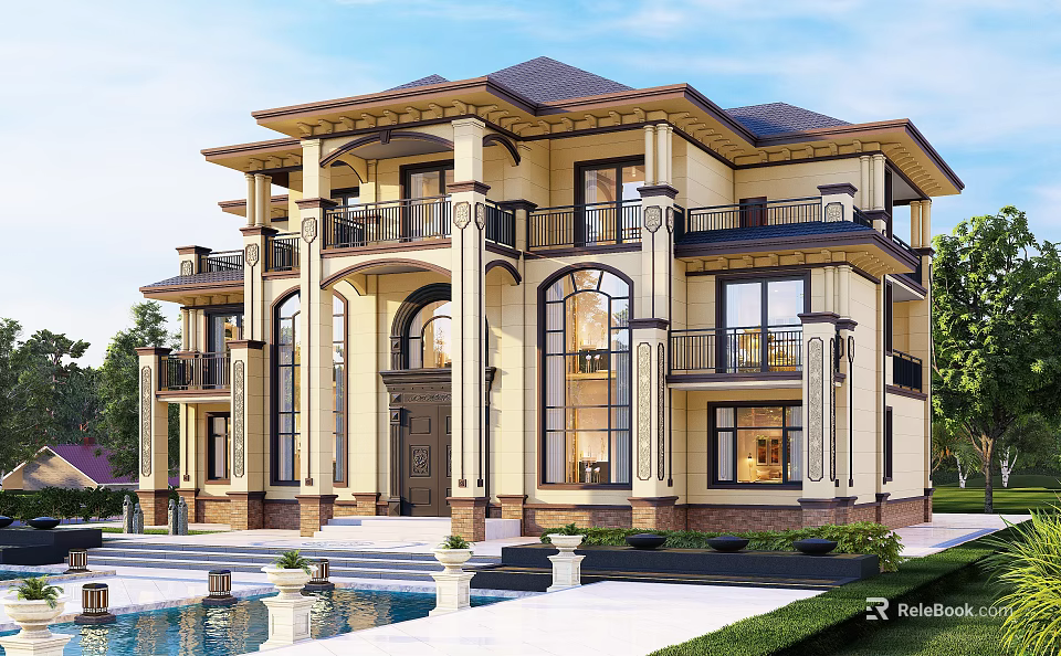 Elegant European Style Detached Villa With Grand Columns Balconies Large Windows And Swimming Pool 3d model 