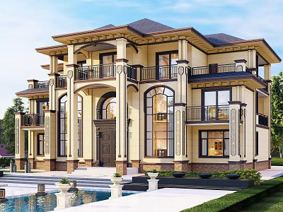 Elegant European Style Detached Villa With Grand Columns Balconies Large Windows And Swimming Pool 3d model