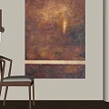 Abstract Painting With Warm Brown Hues Central Light Spot And Horizontal Stripe Near Wooden Chair