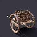 Rustic Vintage Wooden Cart Featuring Wicker Basket and Large Spoked Wheels