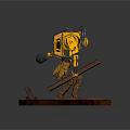 Yellow Robot Model Standing on Rusty Base With Mechanical Arm Holding Ball 3d model