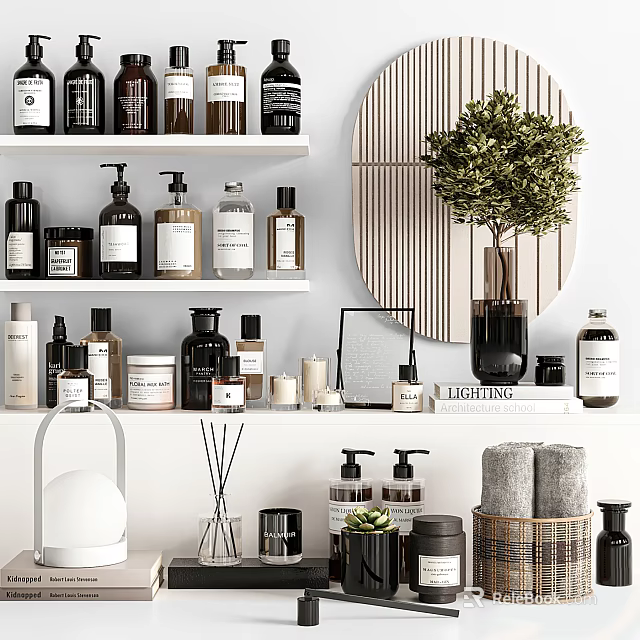 Organized Bathroom Accessories On Stylish Shelves With Bottles Towels Plants And Diffusers 3d model 