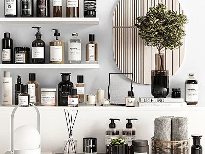 Organized Bathroom Accessories On Stylish Shelves With Bottles Towels Plants And Diffusers 3d model