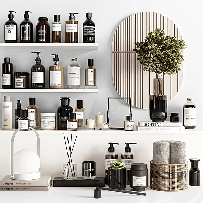 Organized Bathroom Accessories On Stylish Shelves With Bottles Towels Plants And Diffusers 3d model