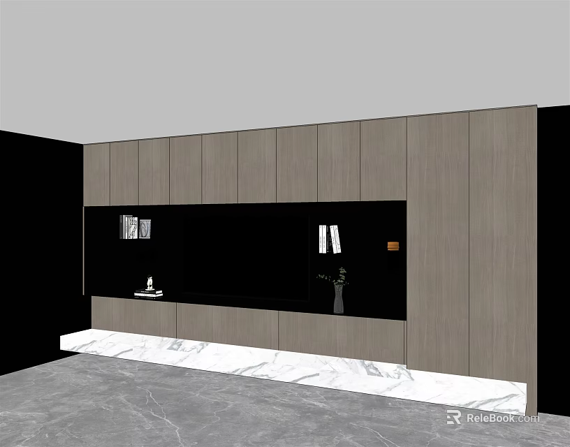 Modern TV Wall Design With Gray Cabinets Black Panel And Marble Countertop 3d model 