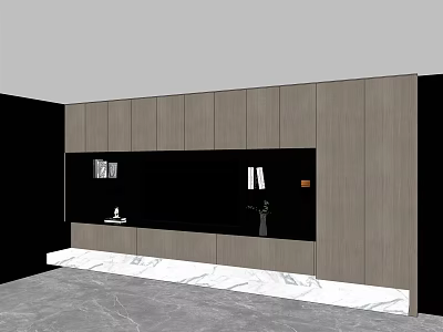 Modern TV Wall Design With Gray Cabinets Black Panel And Marble Countertop 3d model
