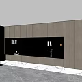 Modern TV Wall Design With Gray Cabinets Black Panel And Marble Countertop
