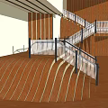 Modern Staircase With Striped Steps Wooden Flooring And Metal Railings Interior