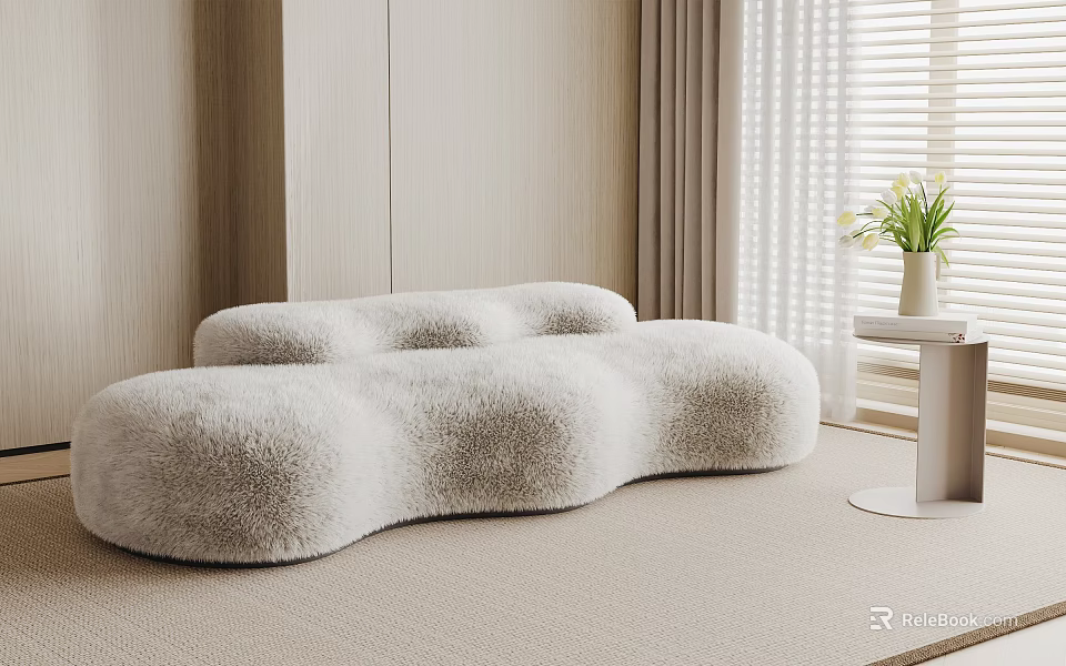 Fluffy Cloud Shaped Multi Seater Sofa In Modern Light Colored Living Room With Window 3d model 