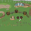 Fun Outdoor Playground Equipment With Climbing Frames Slides Swings On Green Grass And Trees