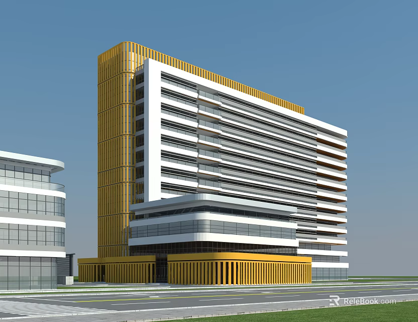 Modern Hospital Building Exterior Design With Yellow White Facade And Glass Windows 3d model 