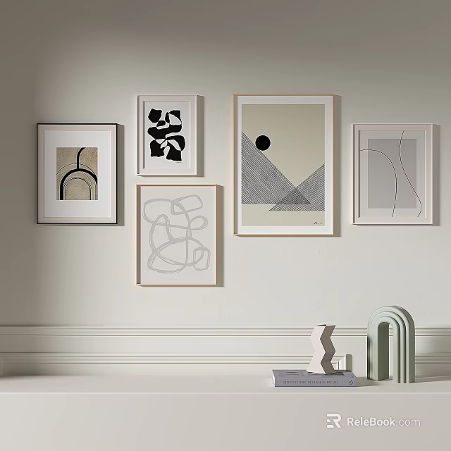 Abstract Wall Art Decor With Five Framed Paintings And Sculptures On White Wall 3d model