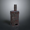 Antique Rustic Metal Stove With Chimney And Rusty Surface Design