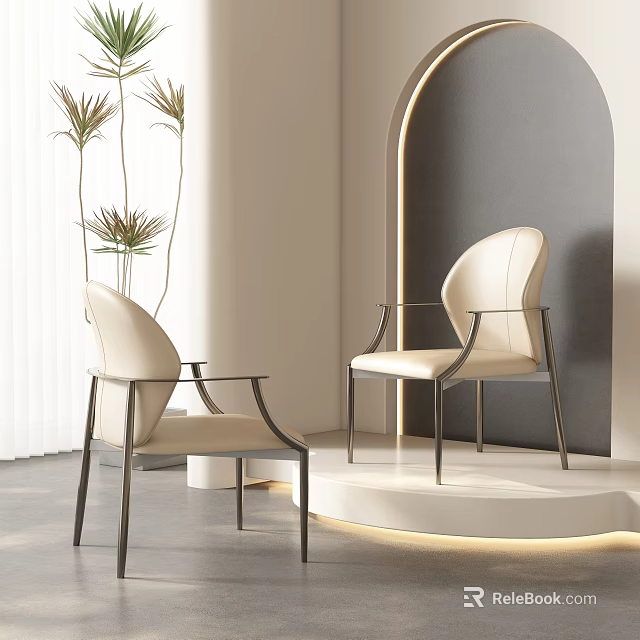 Modern Light Beige Dining Chairs With Curved Leather Backrest And Metal Legs In Minimalist Interior 3d model 