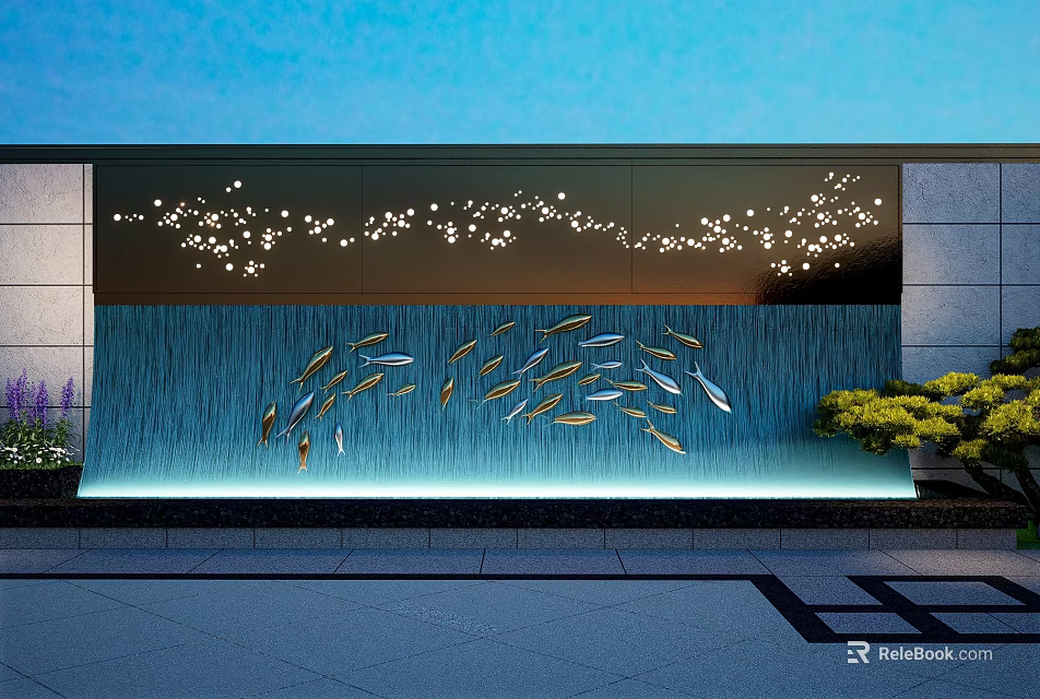Modern Feature Wall With Lighting Water Ripple Design And Golden Fish Decorations 3d model 
