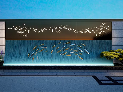 Modern Feature Wall With Lighting Water Ripple Design And Golden Fish Decorations 3d model