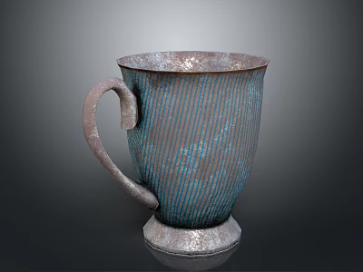 Artisanal Blue Green Striped Ceramic Mug With Metallic Accents And Curved Handle 3d model