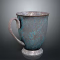 Artisanal Blue Green Striped Ceramic Mug With Metallic Accents And Curved Handle