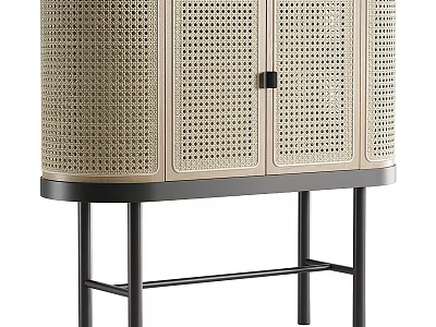Modern Display Cabinet Shelf With Rattan Panel Wooden Frame And Black Metal Legs 3d model