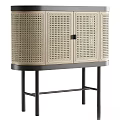 Modern Display Cabinet Shelf With Rattan Panel Wooden Frame And Black Metal Legs