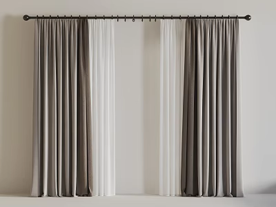 Modern Double Layer Curtains With Gray Velvet Panels And White Sheer Liners On Black Rod 3d model