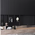 Modern Black TV Cabinet With Built-in TV Vertical Ribbed Design Wooden Countertop And Decorative Ornaments