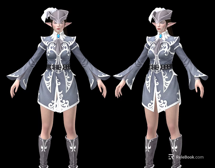 Game Movie Elf Character In Gray White Patterned Outfit With Feathered Hat And Long Boots 3d model 