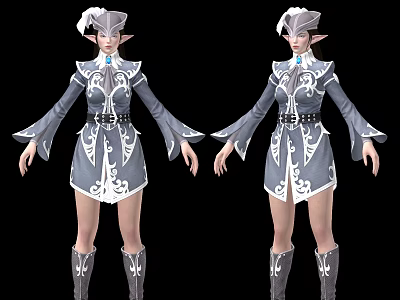 Game Movie Elf Character In Gray White Patterned Outfit With Feathered Hat And Long Boots 3d model
