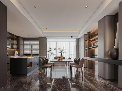 Modern Living and Dining Room Interior with Marble Dining Table Chairs Cabinets and Lighting 3d model