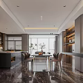 Modern Living and Dining Room Interior with Marble Dining Table Chairs Cabinets and Lighting