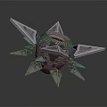Futuristic Silver Mechanical Sphere With Metallic Fins And Glowing Central Elements
