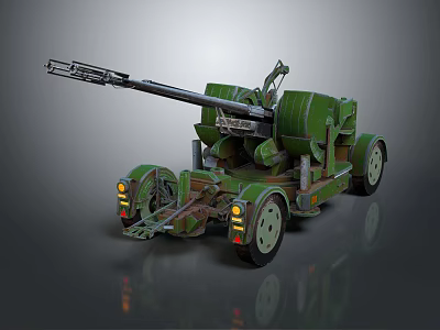 Green Military Towed Artillery Piece With Long Barrel Wheeled Trailer And Mechanical Details 3d model