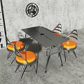 Modern Dining Table Set With Black Square Table Orange Padded Chairs And Metal Legs