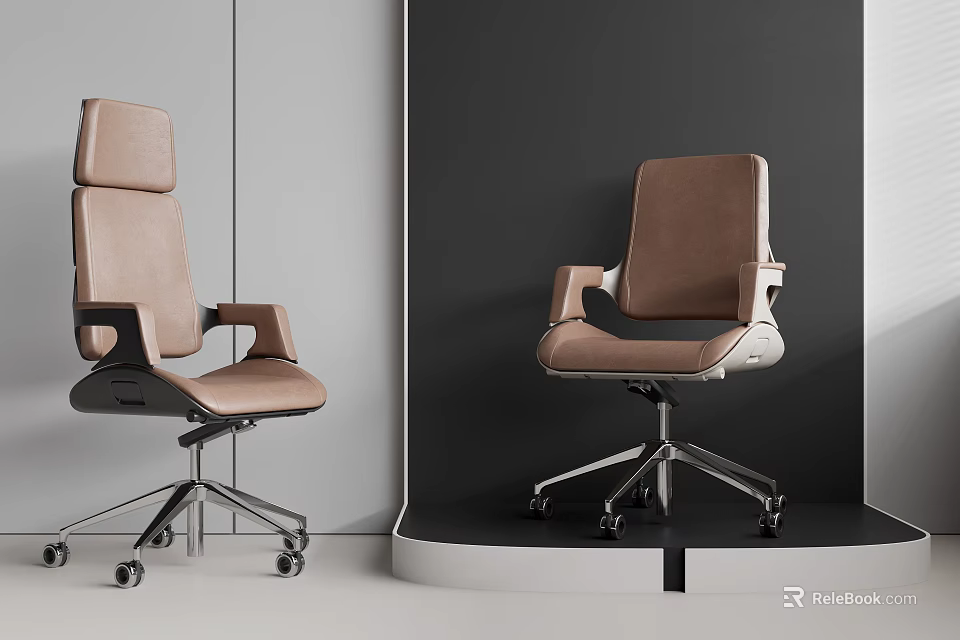 Two Modern Brown Office Chairs Featuring Ergonomic Armrests Metal Swivel Base In Minimalist Interior 3d model 