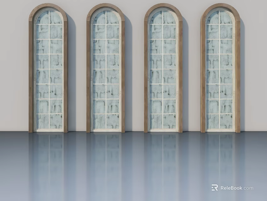 Arched Swing Doors With Wooden Frame And Grid Glass For Modern Interior 3d model 