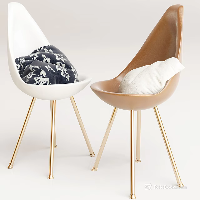 Modern White and Tan Accent Chairs with Gold Legs and Navy Blue Floral White Cushions 3d model 