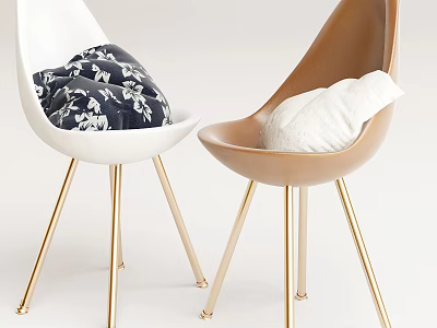Modern White and Tan Accent Chairs with Gold Legs and Navy Blue Floral White Cushions 3d model