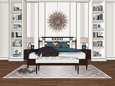 Elegant Double Bed in Bedroom with Decorative Mirror Nightstands Table Lamps Bench and Bookshelves 3d model