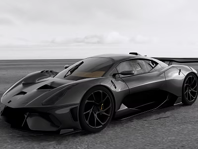 Black Sleek Supercar Featuring Aerodynamic Design On Open Road Under Cloudy Sky 3d model