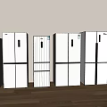 Different Styles Silver and White Refrigerators and Freezers Arranged on Wooden Floor with Light-Colored Wall