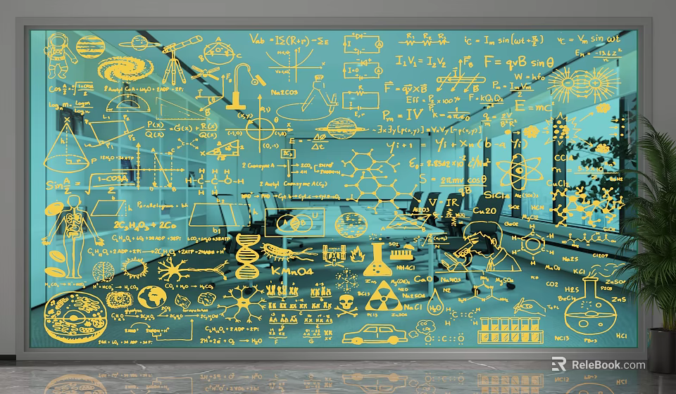 Blue Scientific Themed Room Partition With Yellow Formulas And Diagrams In Office Space 3d model 