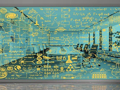 Blue Scientific Themed Room Partition With Yellow Formulas And Diagrams In Office Space 3d model