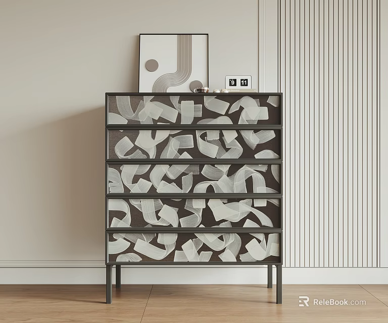 Stylish Entryway Console Cabinet with Geometric Pattern Drawers Metal Legs Abstract Art Vertical Striped Wall 3d model 