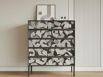 Stylish Entryway Console Cabinet with Geometric Pattern Drawers Metal Legs Abstract Art Vertical Striped Wall 3d model