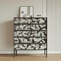 Stylish Entryway Console Cabinet with Geometric Pattern Drawers Metal Legs Abstract Art Vertical Striped Wall